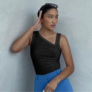 Commense Oblique V-Neck Side Ruched Tank Top In Black Size L NWT